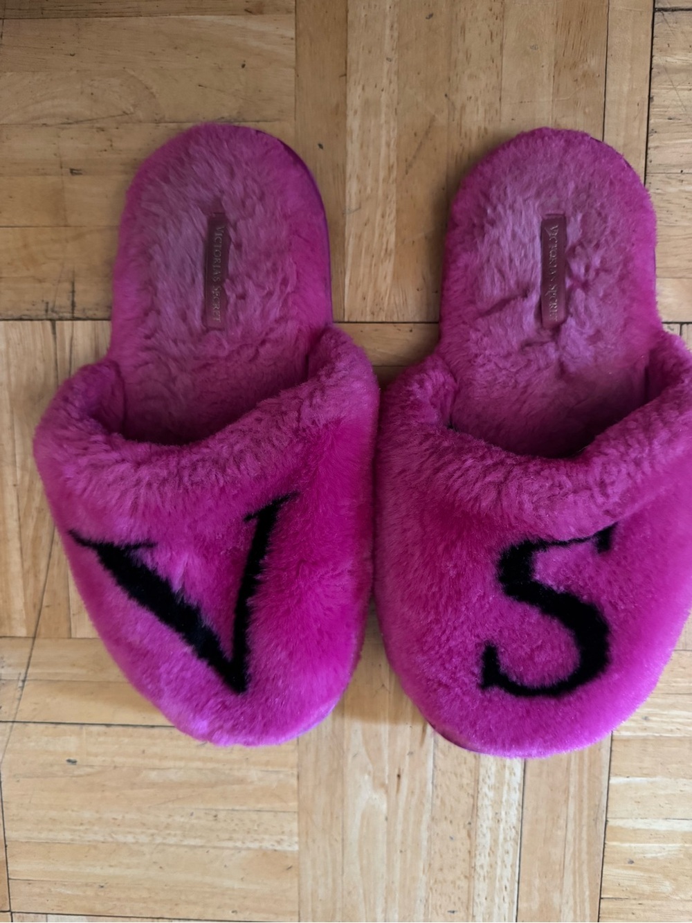 Victoria's Secret Hot Pink Faux-Fur Slip-On Slippers with Black VS Logo